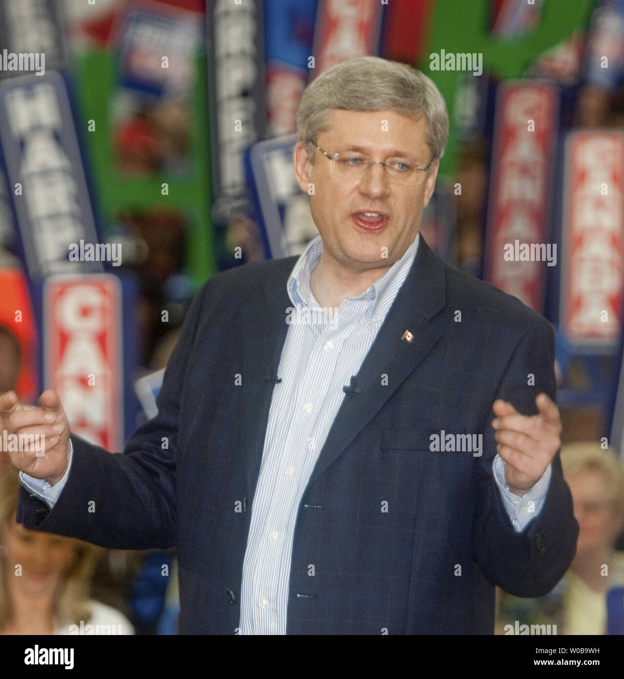 Conservative Party leader Stephen Harper ends his 2011 federal election campaign, speaking to supporters at the Rally in the Valley in Abbotsford near Vancouver, British Columbia on the evening of May 1, 2011. Voters go to the polls tomorrow.  UPI/Heinz Ruckemann Stock Photo