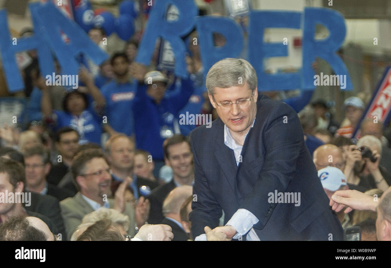 Conservative Party leader Stephen Harper ends his 2011 federal election campaign, greeting supporters at the Rally in the Valley in Abbotsford near Vancouver, British Columbia on the evening of May 1, 2011. Voters go to the polls tomorrow.  UPI/Heinz Ruckemann Stock Photo