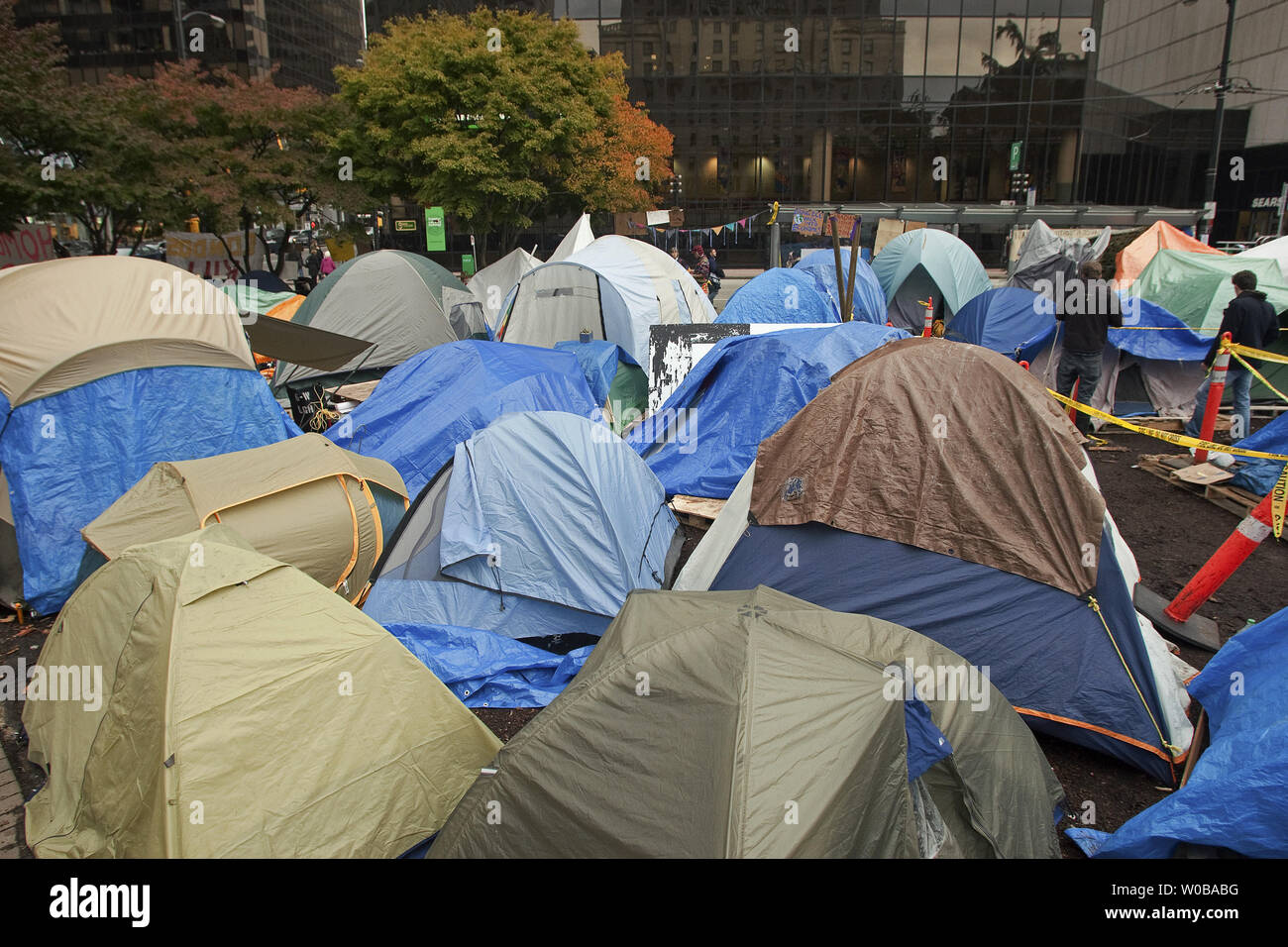 The "Occupy Vancouver" tent city grows in size during it's two week existence at the Vancouver Art Gallery in downtown Vancouver, British Columbia, October 29, 2011, two days before Halloween.   UPI/Heinz Ruckemann Stock Photo