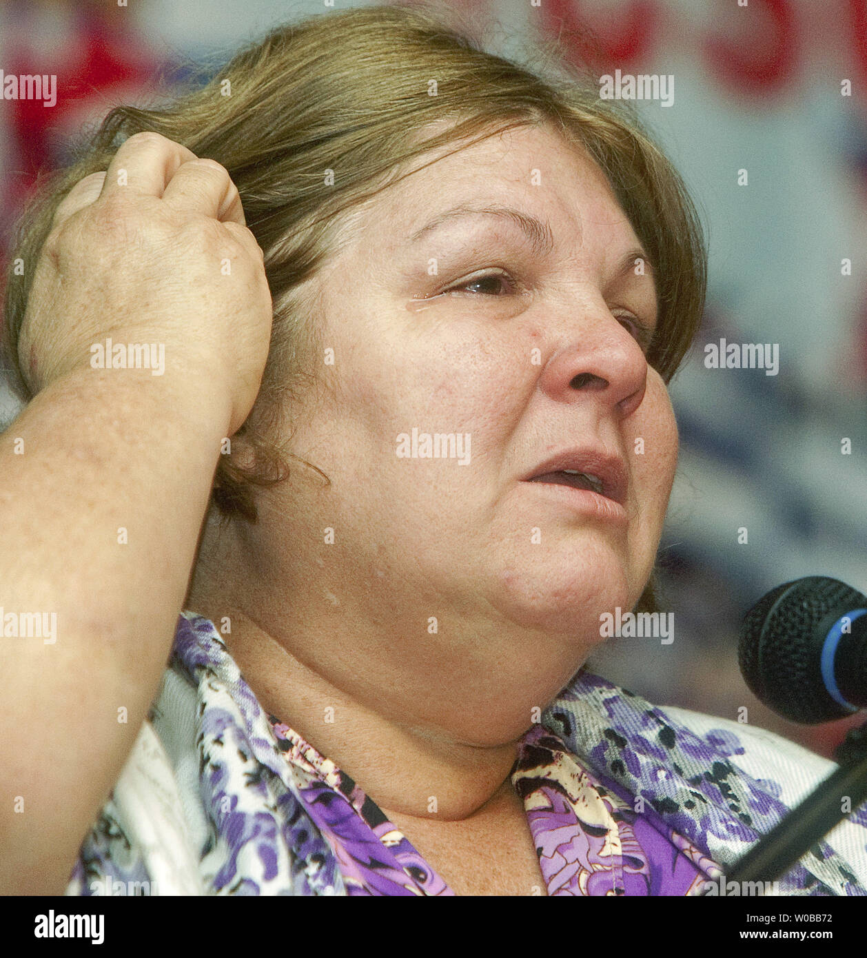 Dr. Aleida Guevara, pediatrician, author and eldest daughter of Ernesto Che Guevara and his second wife Aleida March is moved to tears as she discusses the hardships of the USA embargo on Cuba while addressing the audience attending a workshop on the dynamics of healthcare, education and culture in Cuba's new economy at the 5th Annual International Che Guevera Conference at the Russian Hall in the Downtown Eastside of Vancouver, British Columbia (BC), November 3, 2012. The conference continues in Vancouver tomorrow and finishes on Monday in Kamloops, BC.  UPI/Heinz Ruckemann Stock Photo