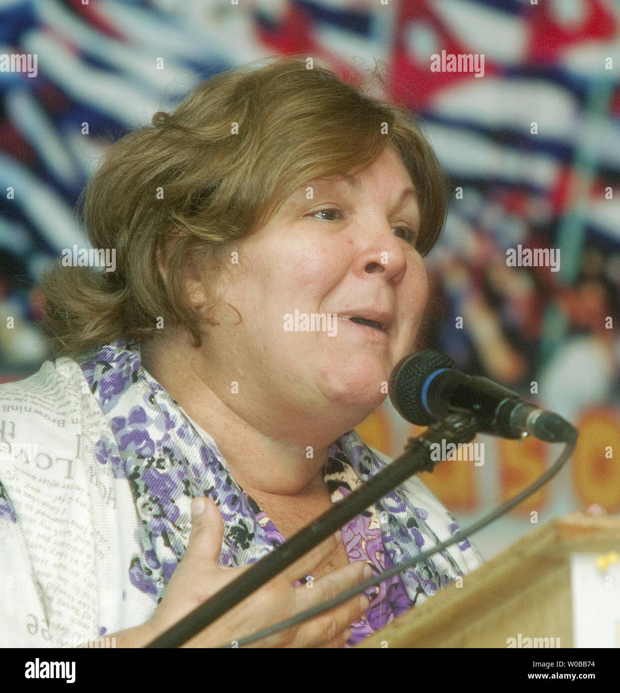 Dr. Aleida Guevara, pediatrician, author and eldest daughter of Ernesto Che Guevara and his second wife Aleida March is moved to tears as she discusses the hardships of the USA embargo on Cuba while addressing the audience attending a workshop on the dynamics of healthcare, education and culture in Cuba's new economy at the 5th Annual International Che Guevera Conference at the Russian Hall in the Downtown Eastside of Vancouver, British Columbia (BC), November 3, 2012. The conference continues in Vancouver tomorrow and finishes on Monday in Kamloops, BC.  UPI/Heinz Ruckemann Stock Photo