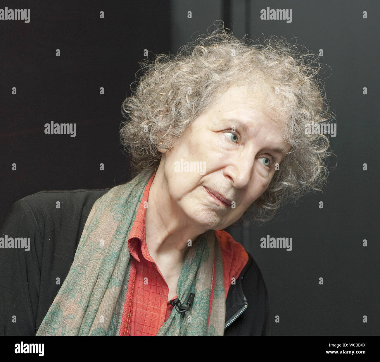 Author Margaret Atwood speaks to reporters after a Q&A at the York Theatre introducing the May 23, 2014 world premiere of City Opera Vancouver's 'Pauline' in Vancouver, British Columbia, May 22, 2014. Running through to the end of May, the chamber opera 'Pauline' was written by Atwood and is based on the life and final days of Canadian writer, poet and actress Pauline Johnson the daughter of a Mohawk chief and a Quaker Englishwoman.  UPI/Heinz Ruckemann Stock Photo