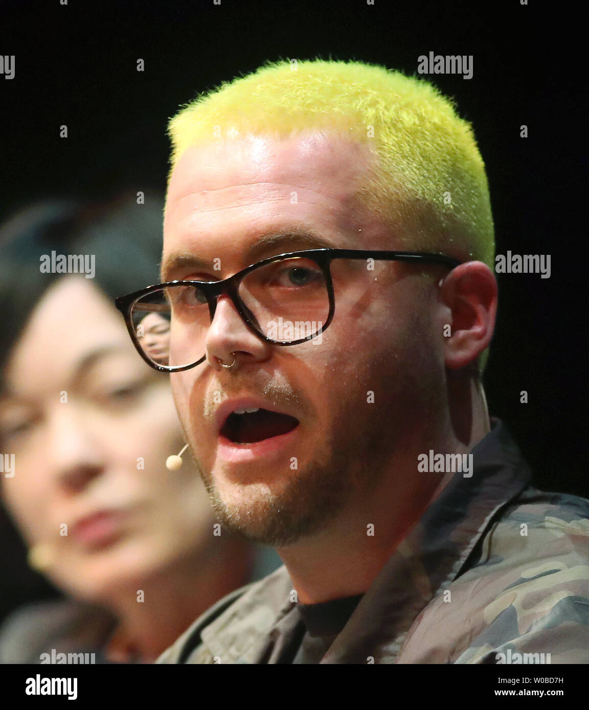 Cambridge Analytica whistleblower included in the 2018 TIME 100 List, Canadian, Christopher Wylie joins the panel discussing 'Confronting the Disinformation Age hosted by Simon Fraser University (SFU) Public Square during a full house at the Queen Elizabeth Theatre in Vancouver, British Columbia, April 16, 2019.  Photo by Heinz Ruckemann/UPI Stock Photo