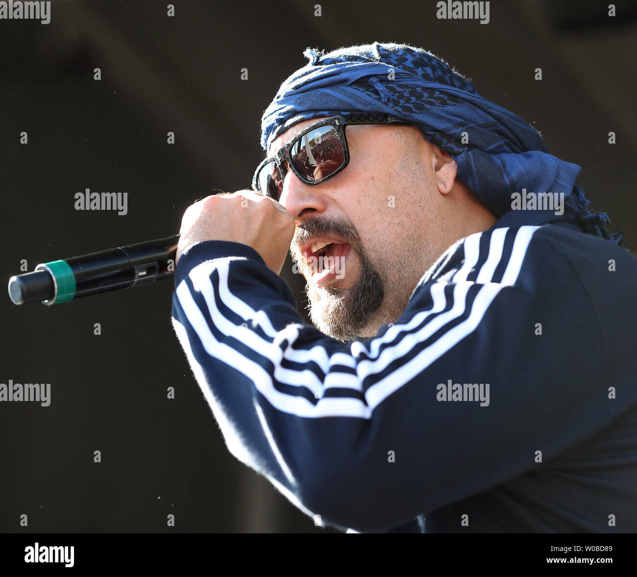 Louis "B-Real" Freese, of the Latino-American hip hop band Cypress Hill  performs during the controversial 25th annual 4/20 protest at Sunset Beach  in Vancouver, British Columbia on April 20, 2019. Around 100,000