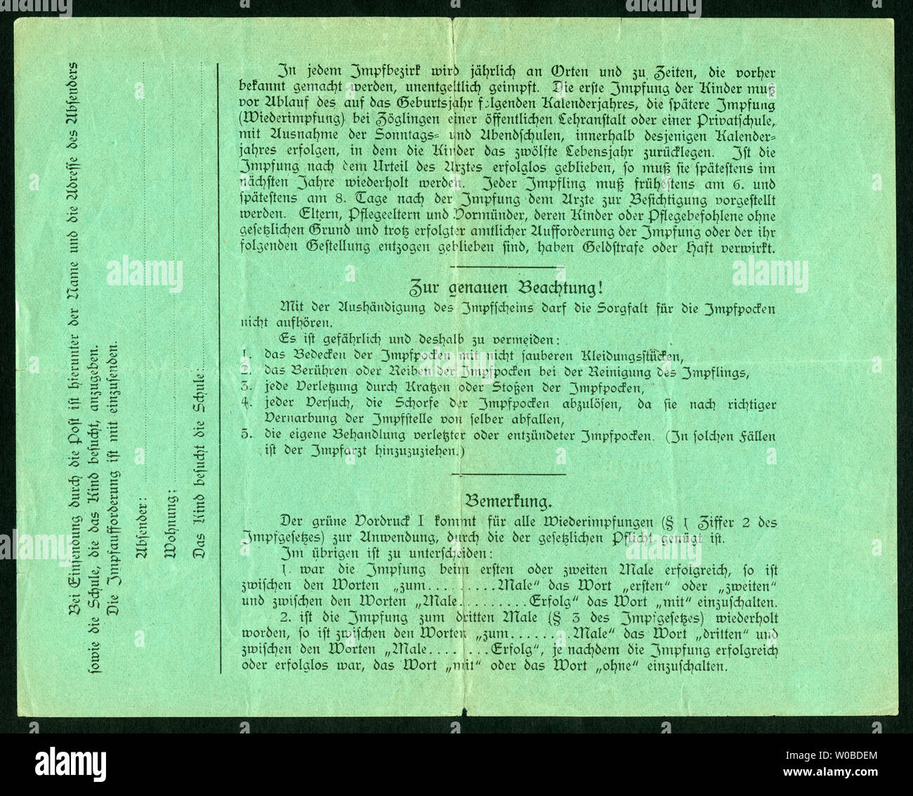 Europa, Deutschland, Hamburg, grüner Impfschein ( Wiederimpfung ), Rückseite, ausgestellt am 19. 12. 1925, siehe auch Nr. 1006003 . / Europe, German Stock Photo
