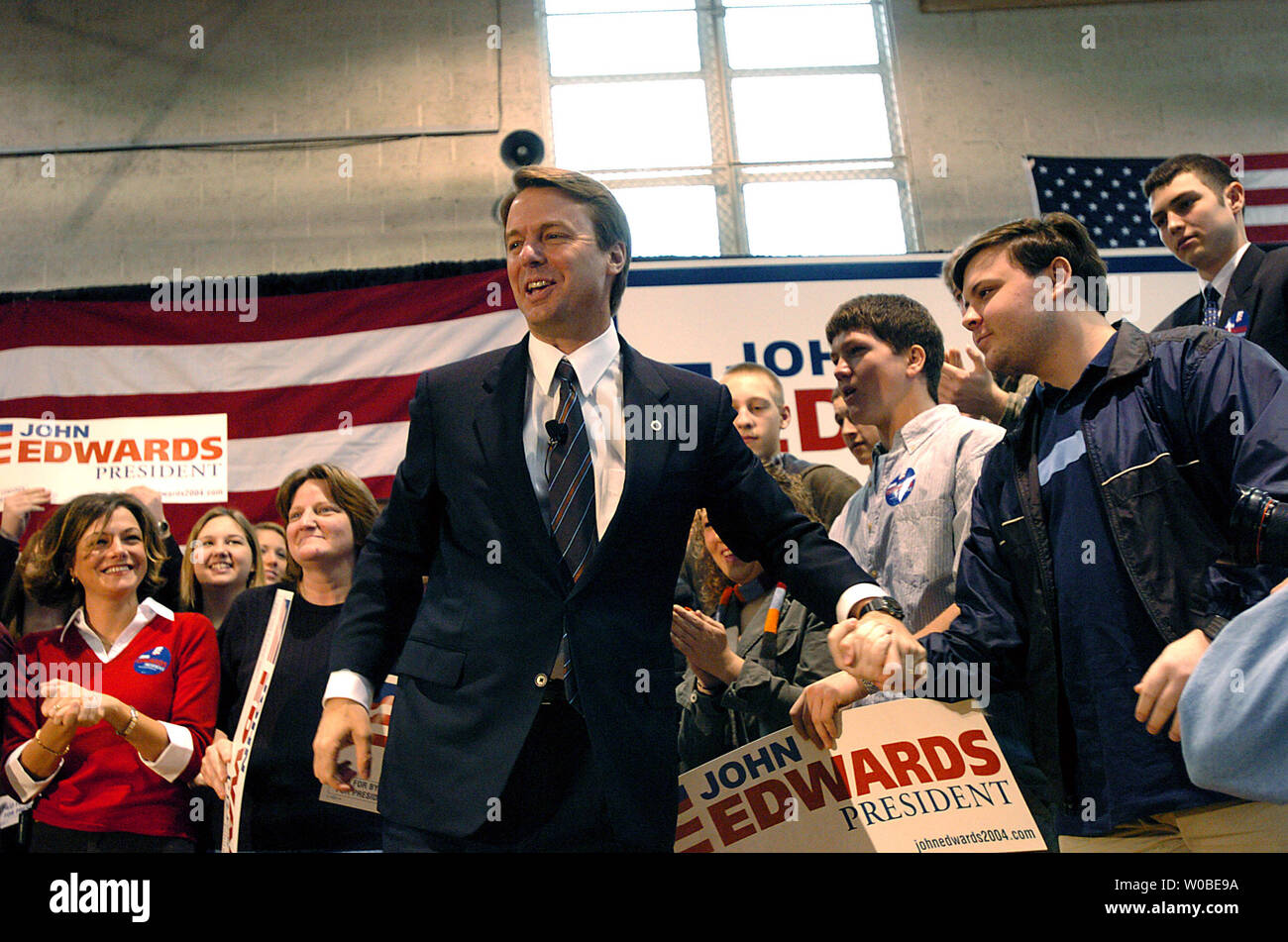 Senator John Edwards gave his 'American Jobs' speech to the crowd at George Wythe High School on Friday morning, February 6, 2004, in Wytheville, Virginia. (UPI Photo/David Allio) Stock Photo