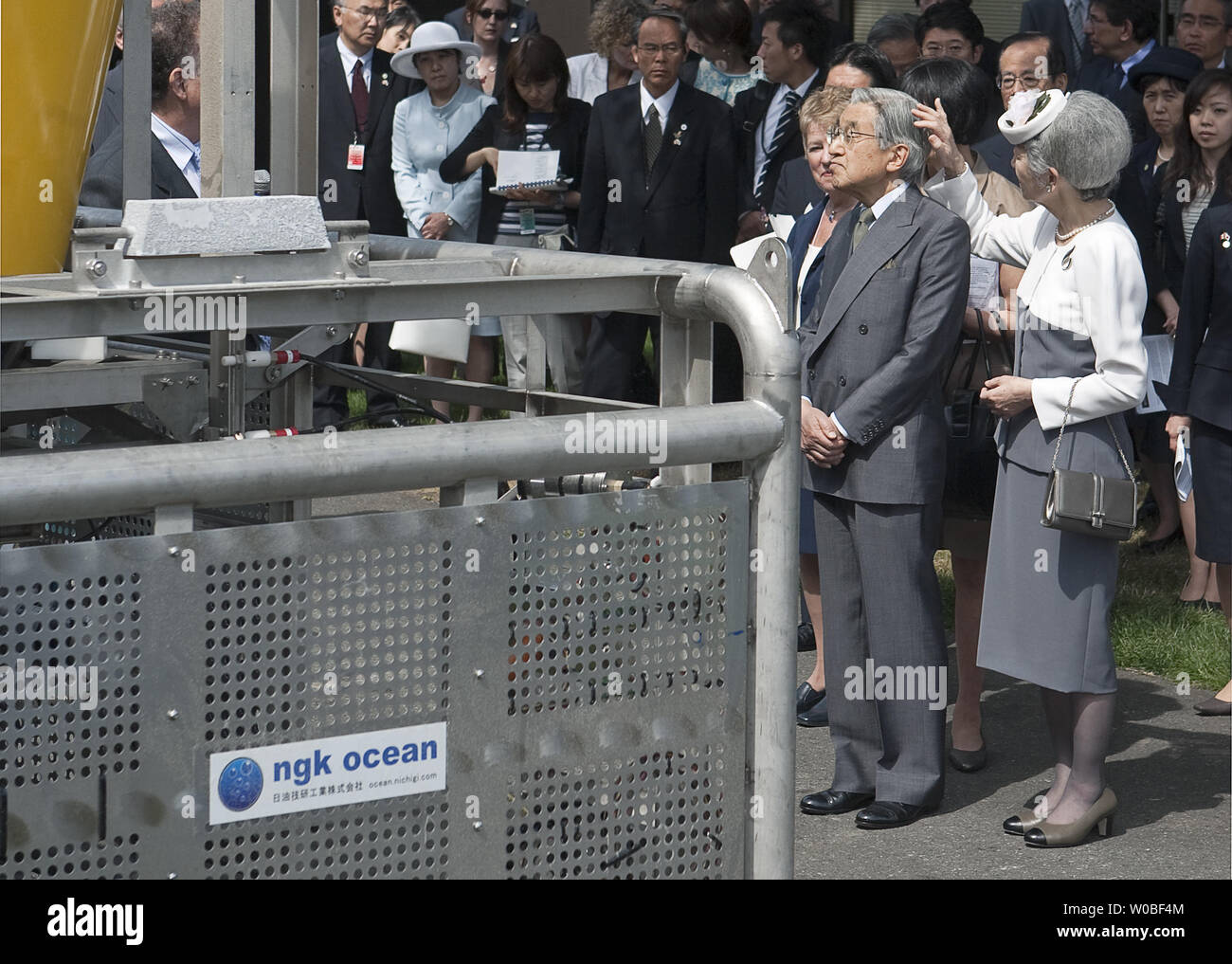 Japan's Emperor Akihito and Empress Michiko look at one of the components of the North-East Pacific Time-Series Undersea Networked Experiments (NEPTUNE) Underwater Observatory array providing submarine science an unprecedented view reporting back via undersea internet during their visit to the Institute of Ocean Sciences in Sidney near Victoria, British Columbia, July 12, 2009. The Imperial Couple are visiting Canada to commemorate the 80-year relationship between the two countries. (UPI Photo/Heinz Ruckemann) Stock Photo