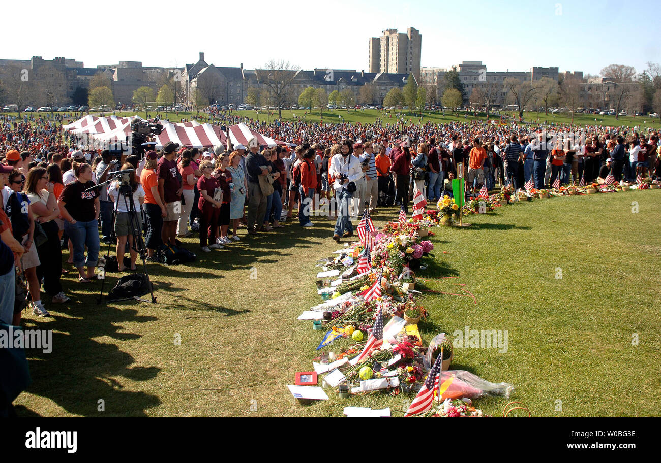 Students, family and supporters attend a silent vigil in honor of the 32 victims of last Mondays shooting, on the campus of Virginia Tech in Blacksburg, Virginia on April 23, 2007. Cho Seung-Hui, a student at Virginia Tech, went on a shooting spree and killed 32 people on April 16, 2007. Today was the first day of classes since the shooting. (UPI Photo/Kevin Dietsch) Stock Photo