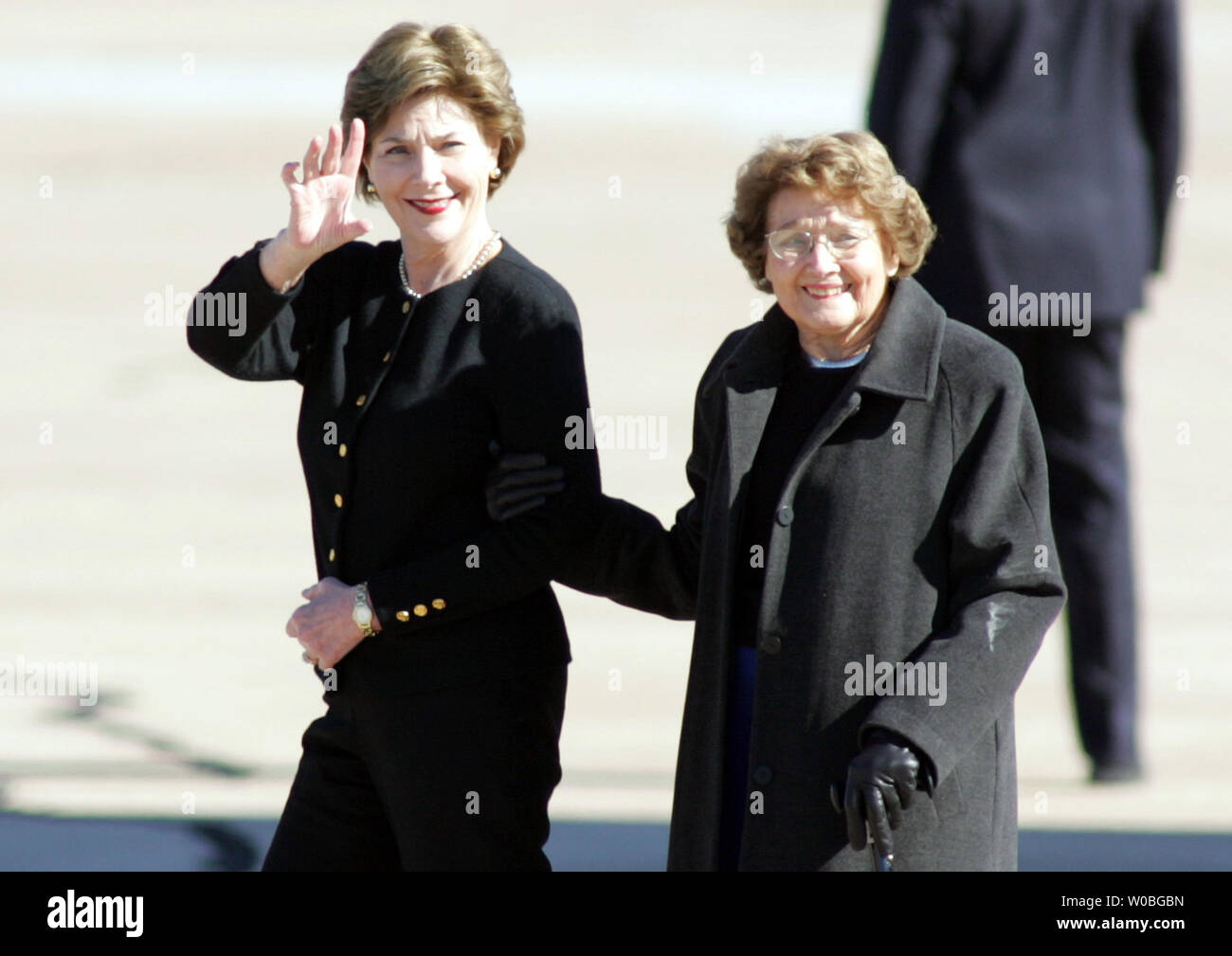 First Lady Laura Bush and her mother Jenna Welsh accompanied President George W. Bush from Washington D.C. and they intend to spend the holiday's at his ranch in Crawford, Texas December 26, 2006. (UPI Photo/Ron Russek II) Stock Photo