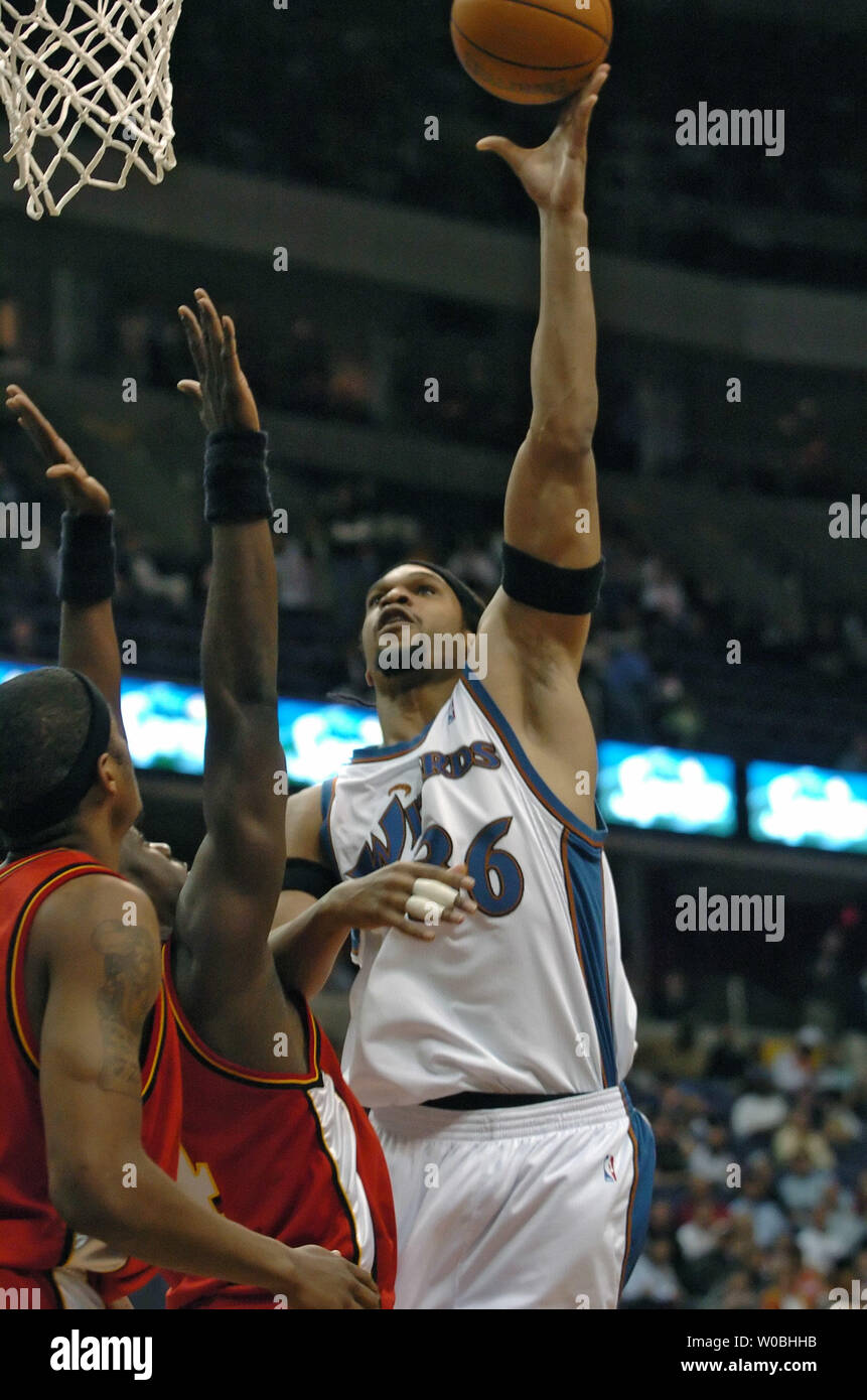 Etan Thomas (36) of the Washington Wizards scores against the Atlanta Hawks on March 30, 2005 in a game won by the Wizards 102-99 at the MCI Center in  Washington, D.C. (UPI Photo/Mark Goldman) Stock Photo