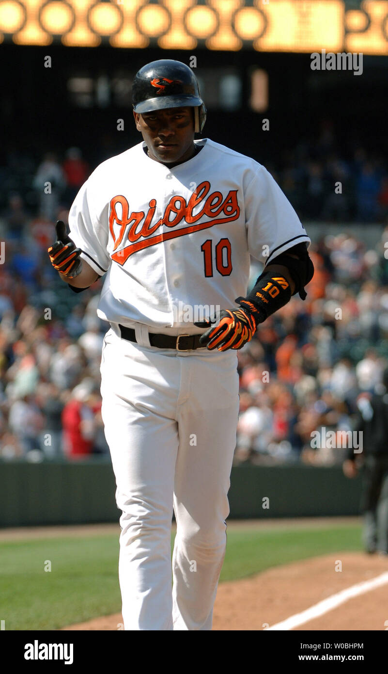 Miguel Tejada of the Baltimore Orioles reacts after hitting his seventh home run of the year in the seventh inning against the Tampa Bay Devil Rays Rob Bell on May 1, 2005 in a game won by the Orioles 7-4 at Orioles Park at Camden Yards in Baltimore, MD. (UPI Photo/Mark Goldman) Stock Photo