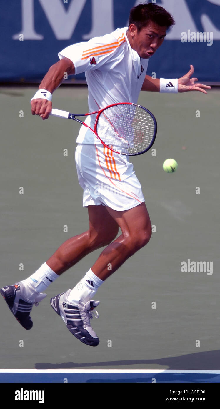 Paradorn Srichaphan returns serve against Andy Roddick during the  semifinals of the Legg Mason Tennis Classic at the William H.G. Fitzgerald  Tennis Center in Washington, D.C. on August 6, 2005. Roddick defeated