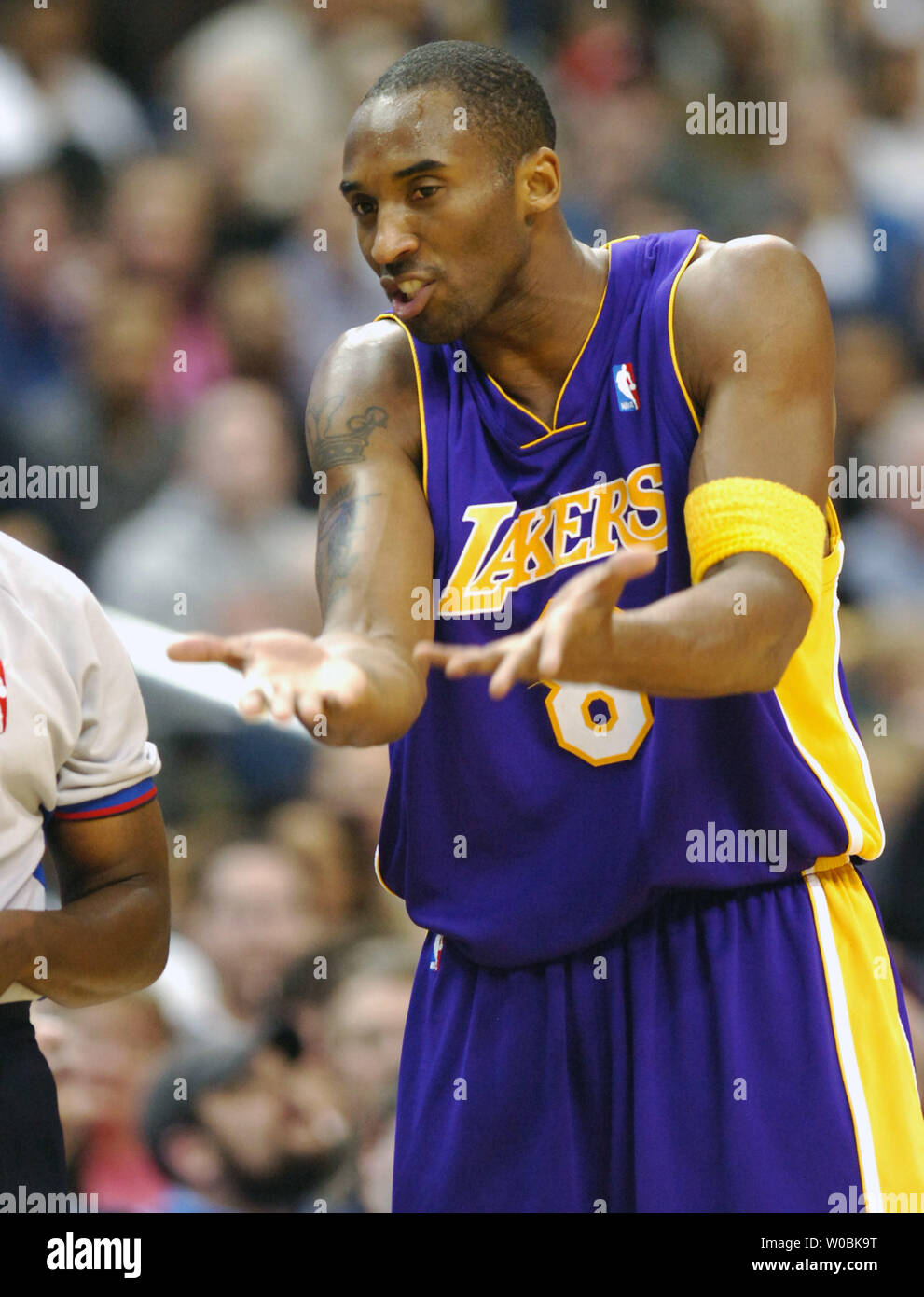 Kobe Bryant (8) of the Los Angeles Lakers disagrees with a foul call against the Washington Wizards on December 26, 2005 in the third quarter at the MCI Center in  Washington, D.C.  The Wizards defeated the Lakers 94-91.   (UPI Photo/Mark Goldman) Stock Photo