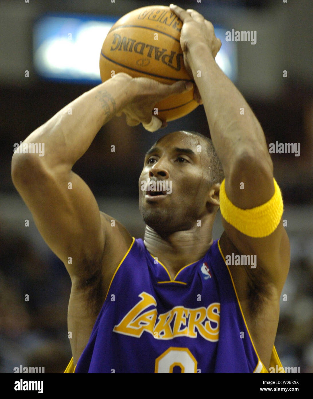 Kobe Bryant (8) of the Los Angeles Lakers shoots and scores against the Washington Wizards on December 26, 2005 in the fourth quarter at the MCI Center in  Washington, D.C.  The Wizards defeated the Lakers 94-91.   (UPI Photo/Mark Goldman) Stock Photo