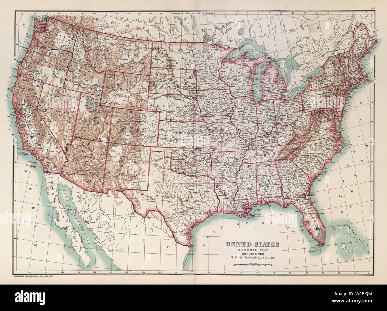 United States of America Topographical. Mountains & Rivers. BARTHOLOMEW 1898 map Stock Photo
