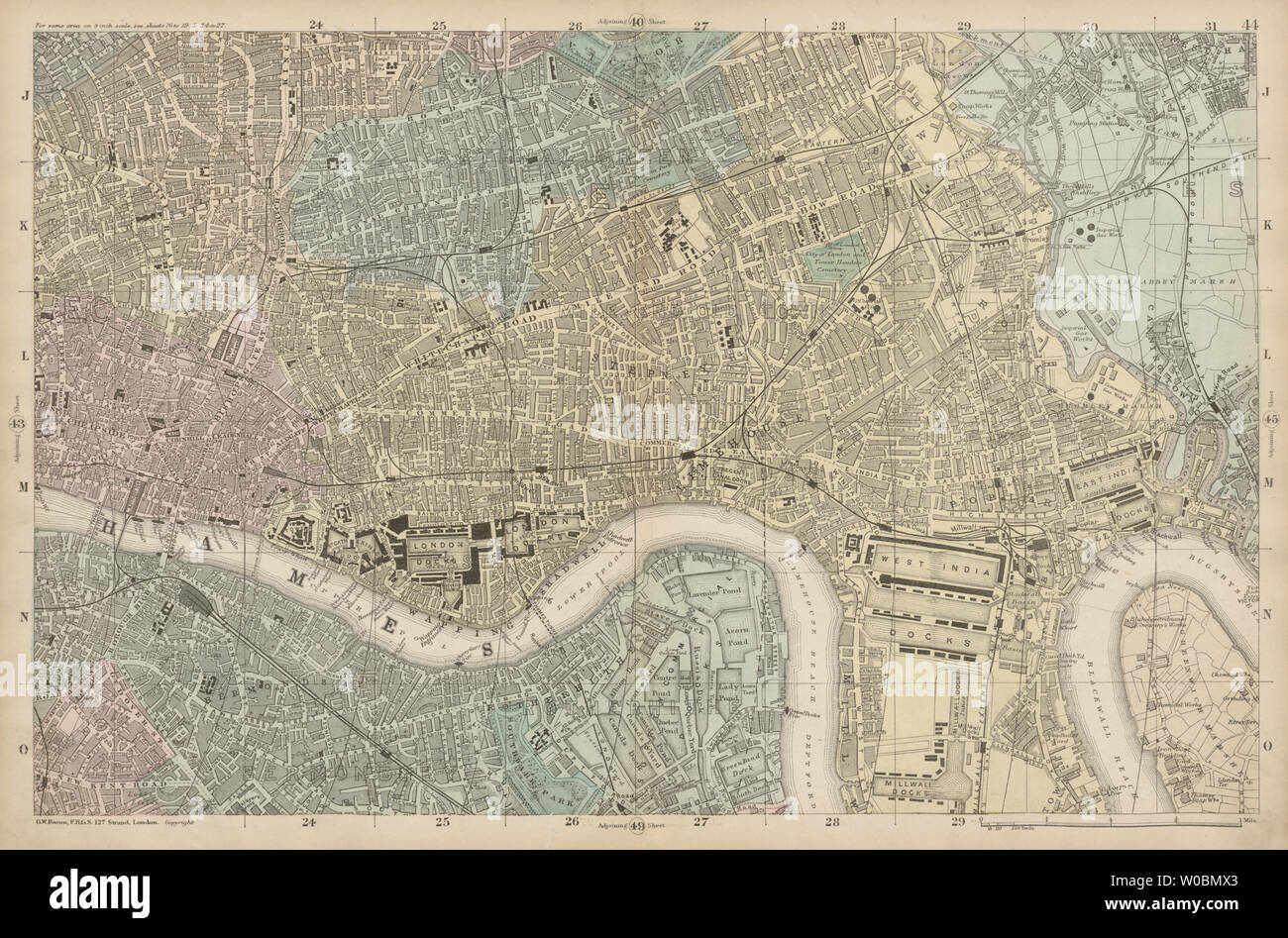 LONDON City East End Southwark Bethnal Green Docks Shoreditch. BACON  c1887 map Stock Photo