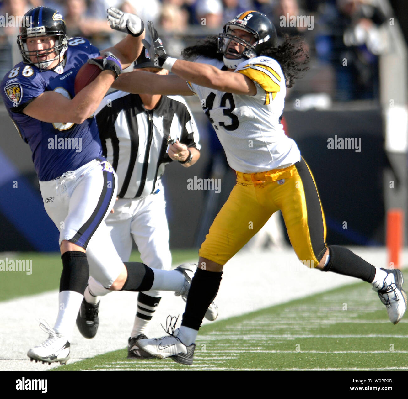 Pittsburgh Steelers Strong Safety Troy Polamalu (43) tackles Miami Dolphins  Tight End Randy McMichael (81) during a second quarter downpour on  September 26, 2004 at Pro Player Stadium in Miami, Fl. The