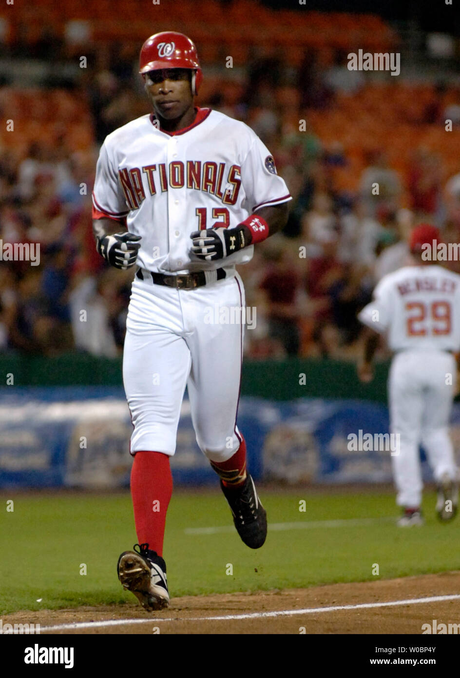 The Washington Nationals Alfonso Soriano comes in to score after hitting a  solo home run in the third inning against the Philadelphia Phillies Brett  Myers on August 29, 2006 at RFK Stadium