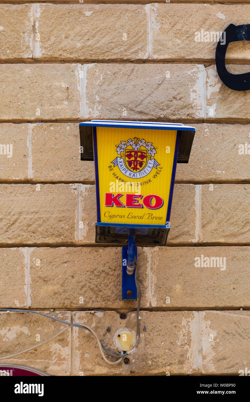 Keo beer lager lantern sign, Larnaca, Cyprus. June 2019 Stock Photo