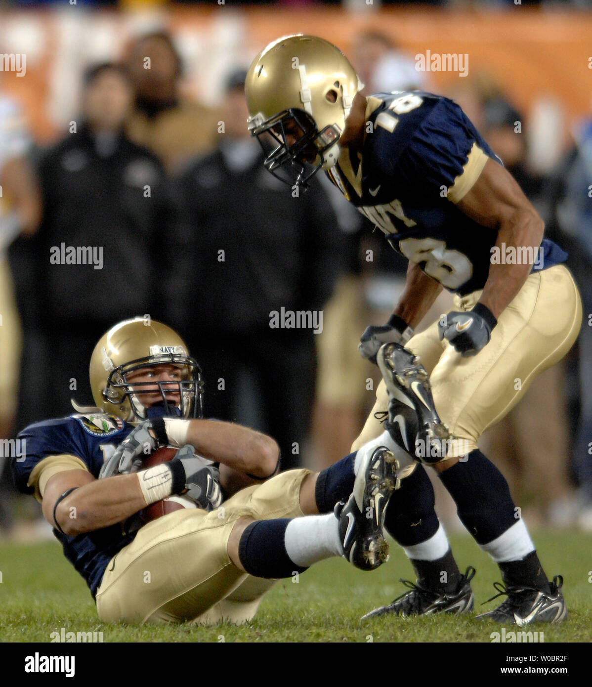 Navy safety Jeff Deliz (17) intercepts a pass in the fourth quarter against  Army's Carson Williams on December 2, 2006 at Lincoln Financial Field in  Philadelphia, Pennsylvania. Navy defeated Army 26-14 to