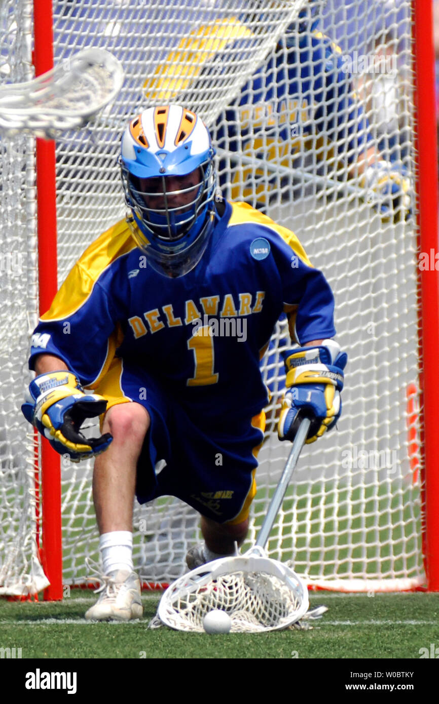 Delaware Blue Hens goal keeper Tommy Scherr (1) makes a save in the first quarter against the Johns Hopkins University Blue Jays in the semi-final of the NCAA Division I lacrosse championship at M&T Bank Stadium in Baltimore, Maryland on May 26, 2007.  (UPI Photo/ Mark Goldman) Stock Photo