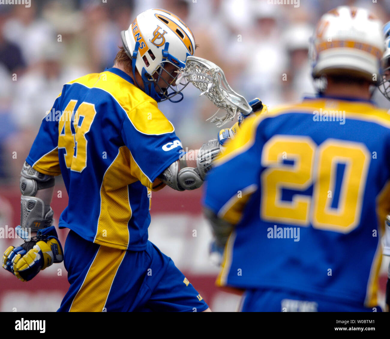 Delaware Blue Hens Curtis Dickson (48) celebrates his goal in the second quarter against the Johns Hopkins University Blue Jays in the semi-final of the NCAA Division I lacrosse championship at M&T Bank Stadium in Baltimore, Maryland on May 26, 2007.  (UPI Photo/ Mark Goldman) Stock Photo