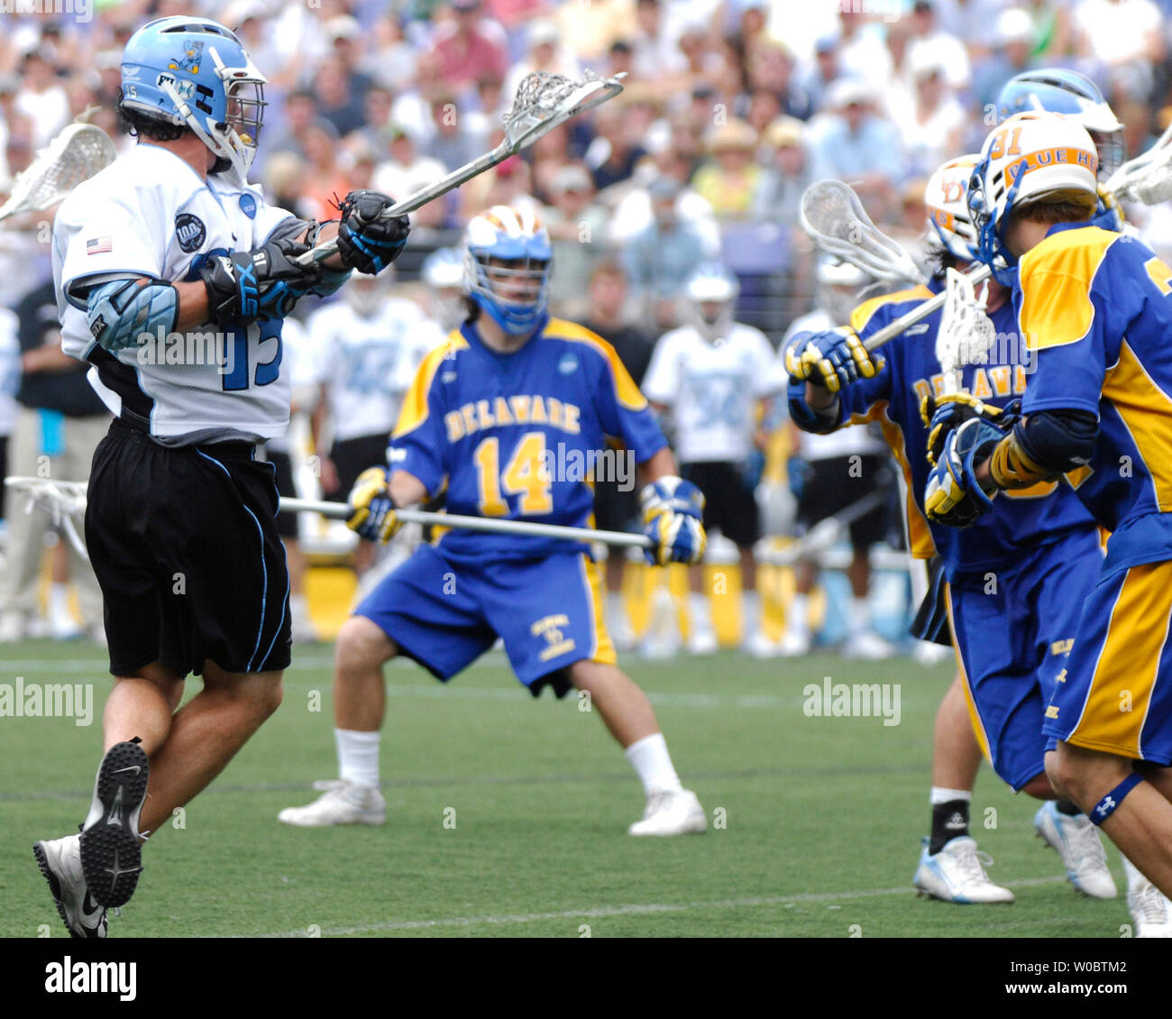 Johns Hopkins University Blue Jays Michael Kimmel (15) scores his third goal of the game in the fourth quarter against the Delaware Blue Hens in the semi-final of the NCAA Division I lacrosse championship at M&T Bank Stadium in Baltimore, Maryland on May 26, 2007.   Johns Hopkins defeated Delaware 8-3 to move to the lacrosse championship.   (UPI Photo/ Mark Goldman) Stock Photo