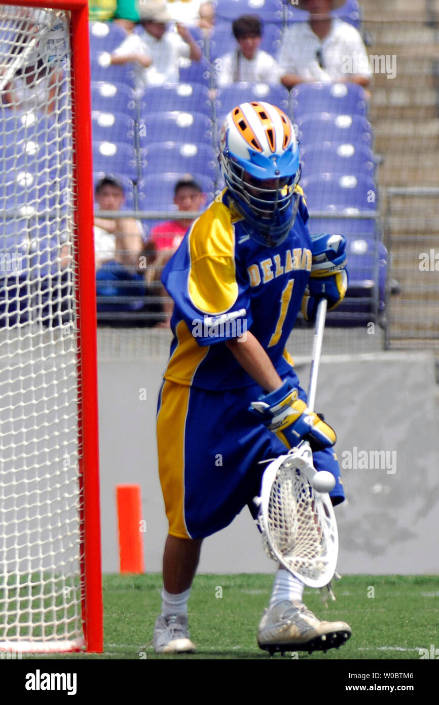 Delaware Blue Hens goal keeper Tommy Scherr (1) makes a save in the first quarter against the Johns Hopkins University Blue Jays in the semi-final of the NCAA Division I lacrosse championship at M&T Bank Stadium in Baltimore, Maryland on May 26, 2007.  (UPI Photo/ Mark Goldman) Stock Photo