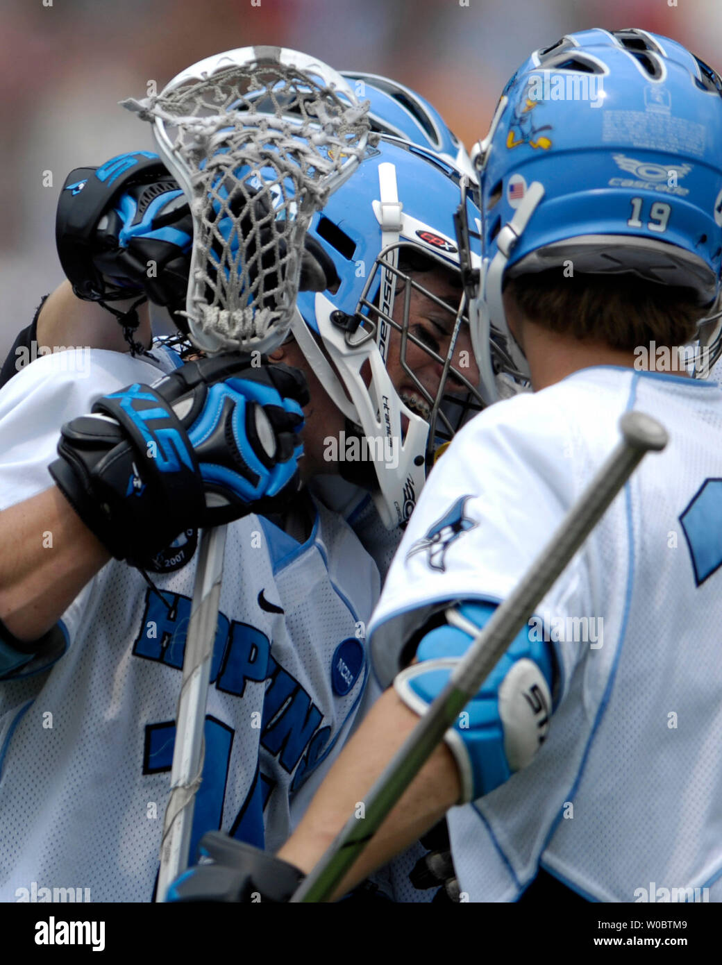 Johns Hopkins University Blue Jays Michael Kimmel (l) is congratulated by Brian Christopher (19) after scoring a goal in the third quarter against the Delaware Blue Hens in the semi-final of the NCAA Division I lacrosse championship at M&T Bank Stadium in Baltimore, Maryland on May 26, 2007.   Johns Hopkins defeated Delaware 8-3 to move to the lacrosse championship.   (UPI Photo/ Mark Goldman) Stock Photo