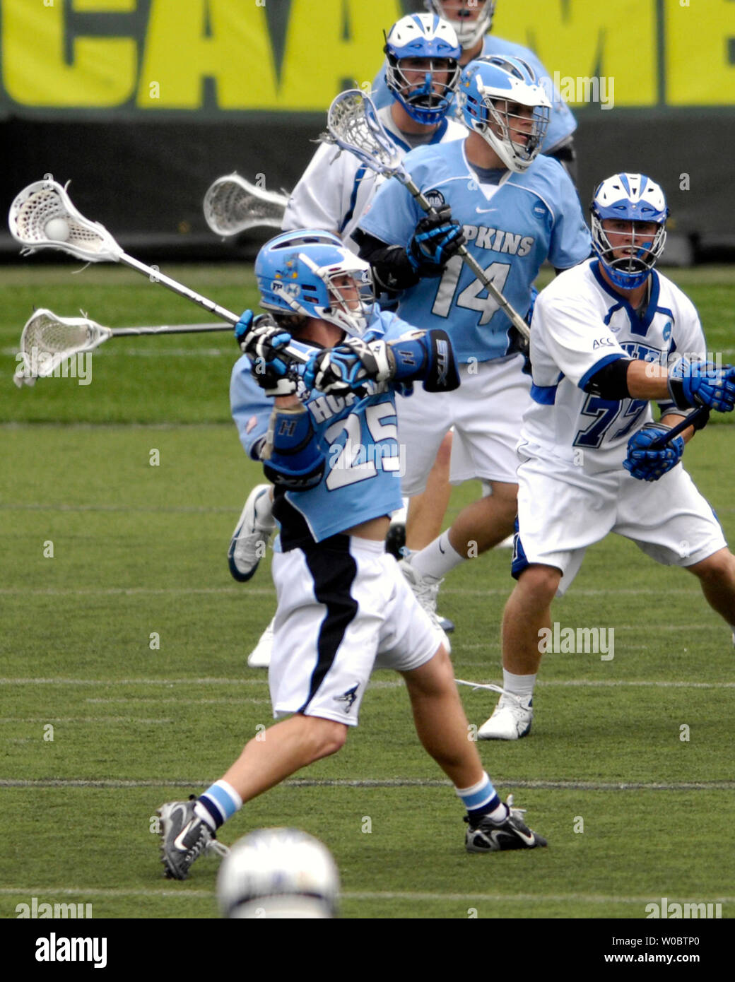 Johns Hopkins attacker Jake Byrne (25) shoots and scores in the second quarter against the Duke University Blue Devils in the NCAA Division I Championship of the lacrosse championship at M&T Bank Stadium in Baltimore, Maryland on on May 28, 2007.  (UPI Photo/ Mark Goldman) Stock Photo