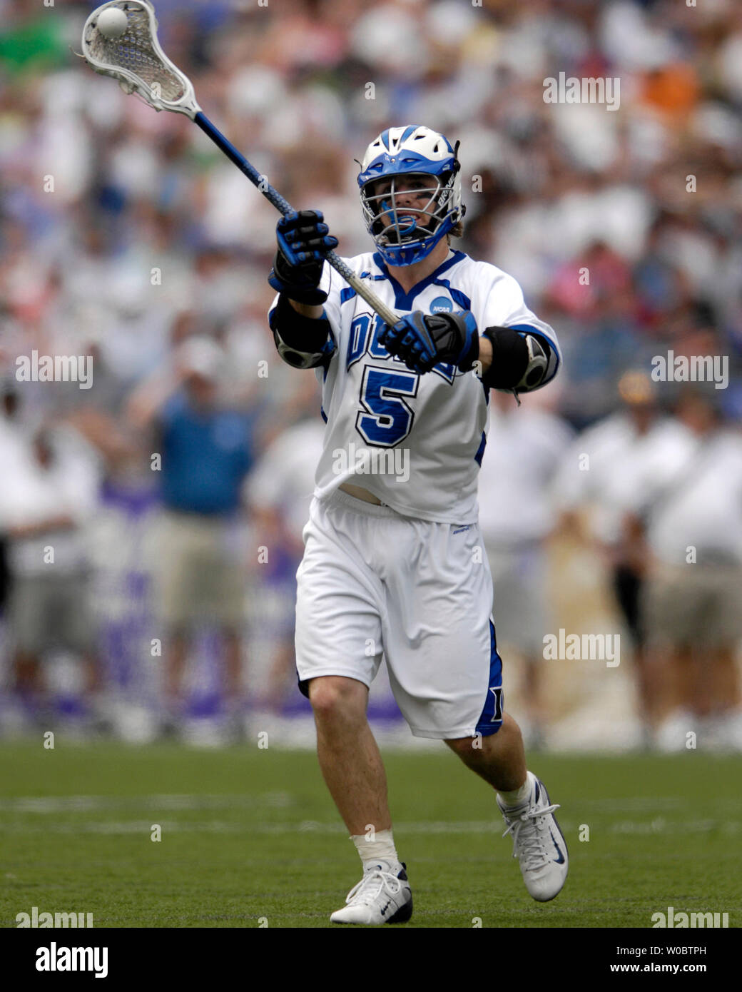 Duke University mid fielder Peter Lamade (5) shoots and scores a goal in the second quarter against the Johns Hopkins University Blue Jays in the NCAA Division I Lacrosse Championship at M&T Bank Stadium in Baltimore, Maryland on May 28, 2007.  Johns Hopkins defeated Duke to win the NCAA lacrosse championship 12-11.  (UPI Photo/ Mark Goldman) Stock Photo