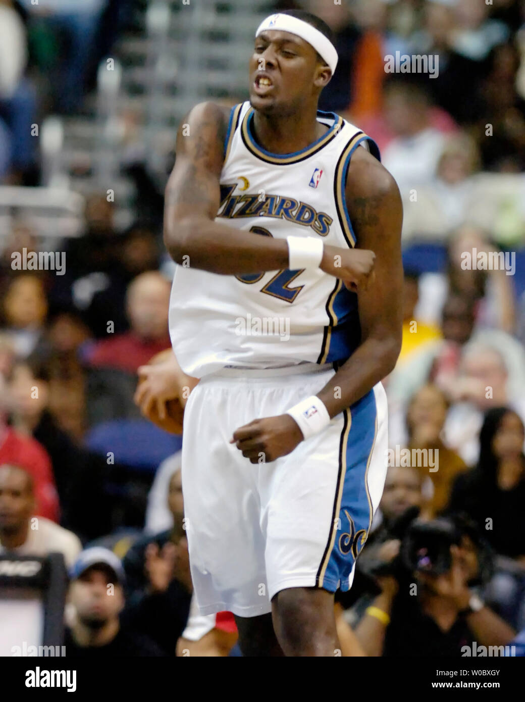 Washington Wizards forward Andray Blatche (32) reacts after scoring two points on a rebound in the first half against the Portland Trailblazers on November 17, 2007 at Verizon Center in Washington, D.C.  (UPI Photo/ Mark Goldman) Stock Photo