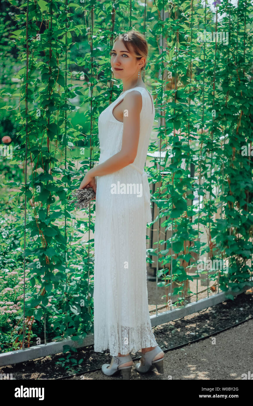 white dress green flowers