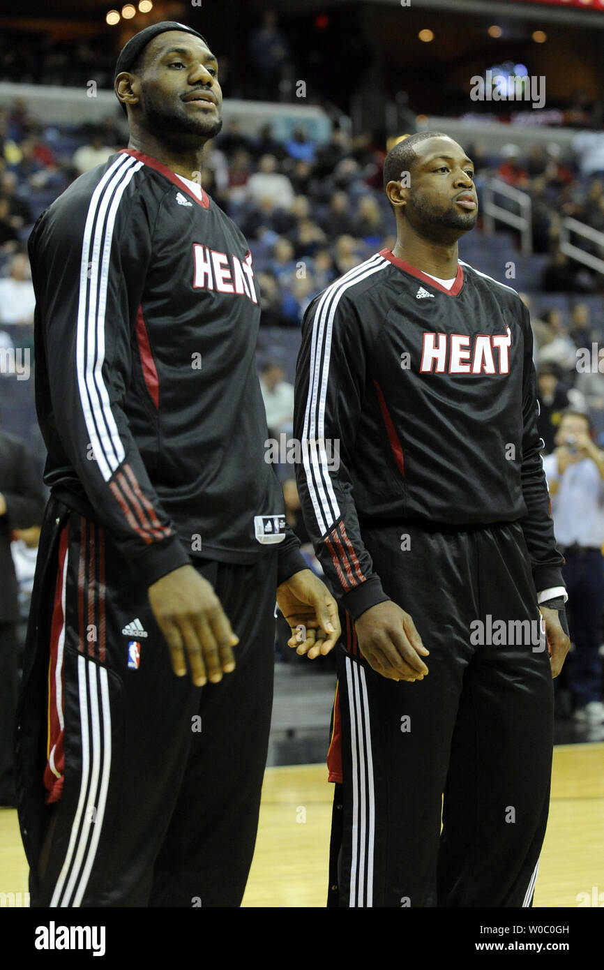 Miami Heat small forward LeBron James (L) and shooting guard Dwyane Wade (R) warm up prior to the game against the Miami Heat at Verizon Center in Washington, D.C. on December 18,  2010.  UPI / Mark Goldman Stock Photo