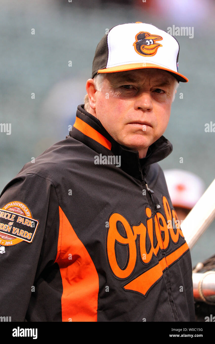 Baltimore Orioles manager Buck Showalter (26) watches as his team