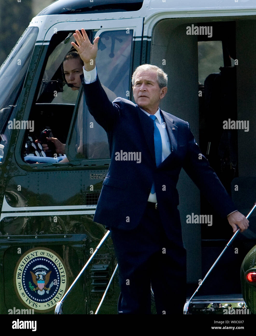 U.S. President George W. Bush departs the White House en route to his ranch in Crawford, Texas in Washington on April 10, 2008. (UPI Photo/Patrick D. McDermott) Stock Photo