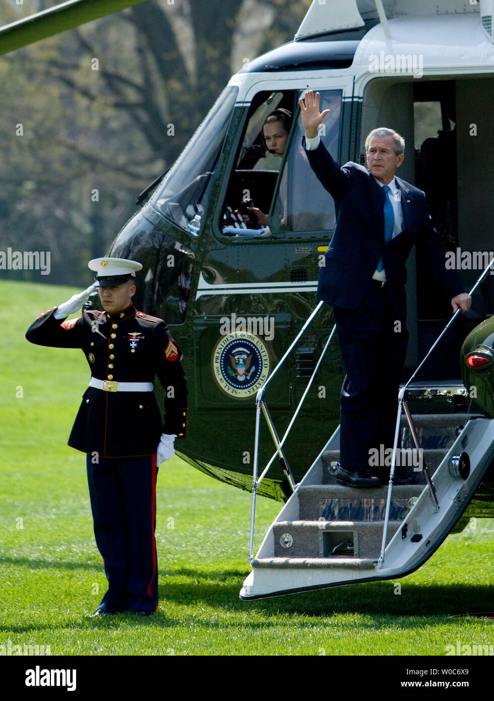 U.S. President George W. Bush departs the White House en route to his ranch in Crawford, Texas in Washington on April 10, 2008. (UPI Photo/Patrick D. McDermott) Stock Photo