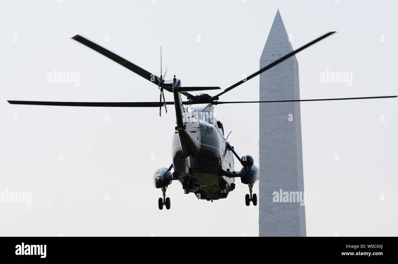 U.S. President George W. Bush, on board Marine One, departs the White House en route to his ranch in Crawford, Texas in Washington on April 10, 2008. (UPI Photo/Patrick D. McDermott) Stock Photo