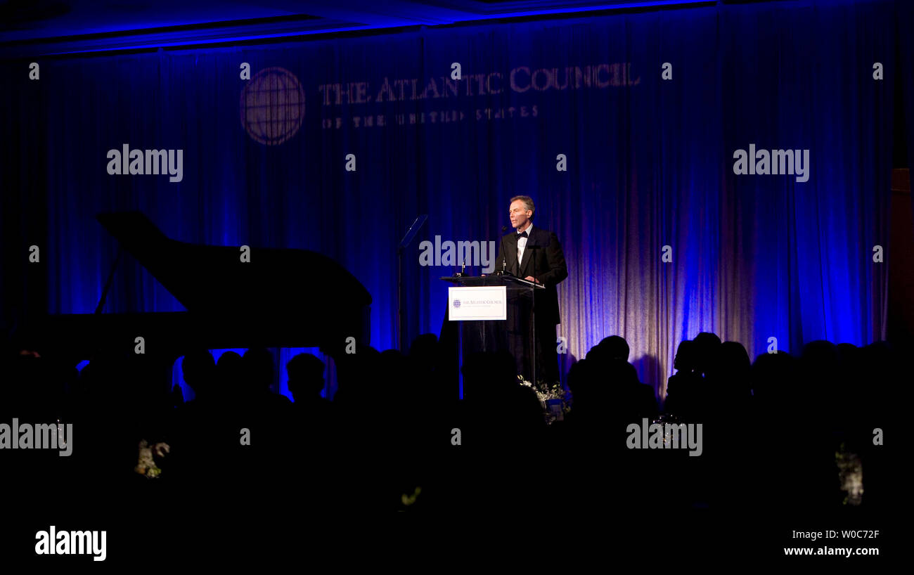 Former British Prime Minister Tony Blair speaks after being honored with the Distinguished International Leadership Award during the Atlantic Council's 2008 annual awards dinner in Washington on April 21, 2008. (UPI Photo/Patrick D. McDermott) Stock Photo