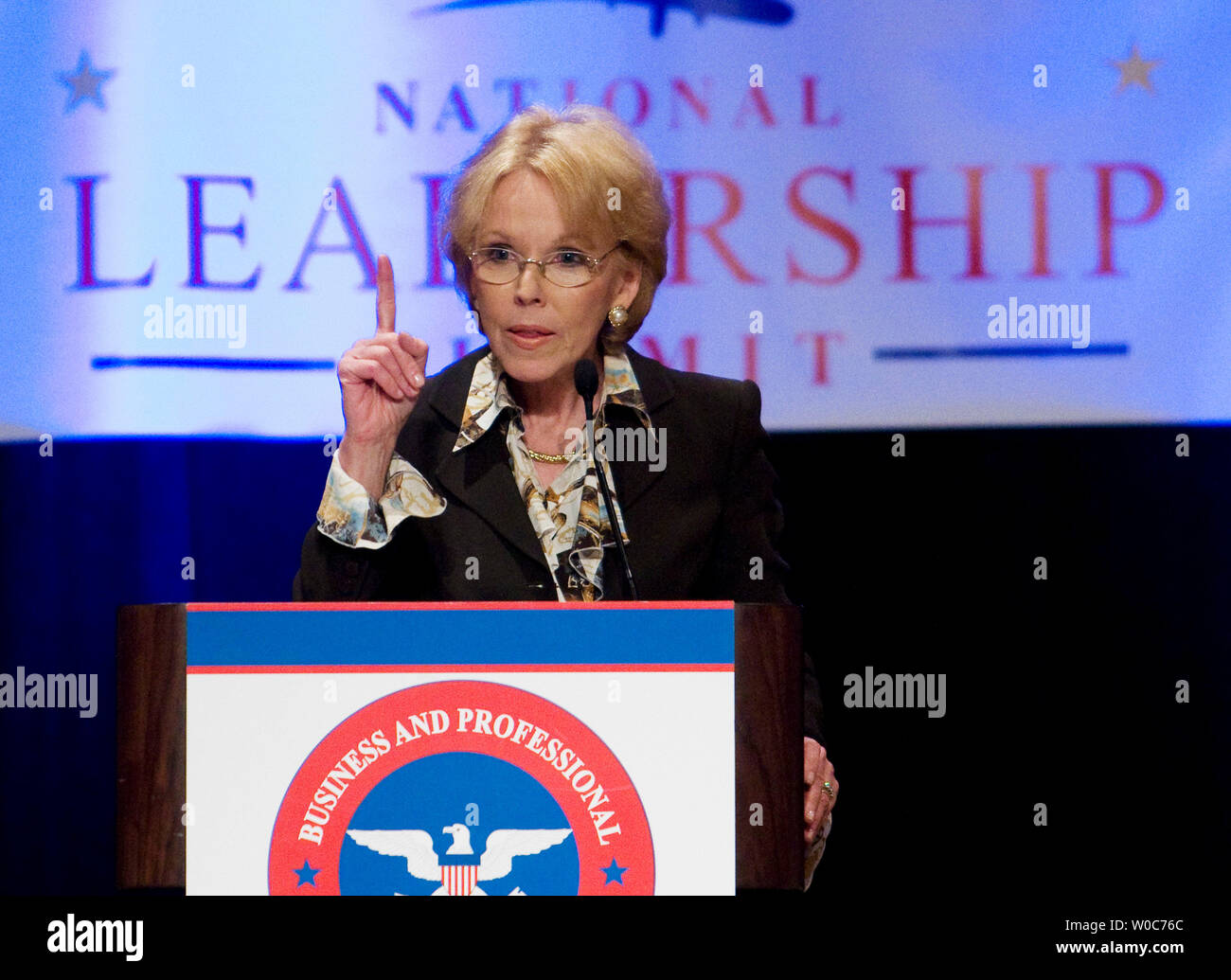 Bernadine P. Healy, M.D., Health Editor, U.S. News & World Report, speaks during the 2008 Business and Professional Women's Leadership Summit in Washington on April 30, 2008. Dr. Hearly was the first woman to head the National Institutes of Health (NIH) from 1991 to 1993. This summit co-hosted by Sen. Kay Bailey Hutchison, R-TX, and Sen. Lisa Murkowski, R-AK, brings together professional women from across the United States to discuss solutions to secure America's future in a global economy. (UPI Photo/Patrick D. McDermott) Stock Photo