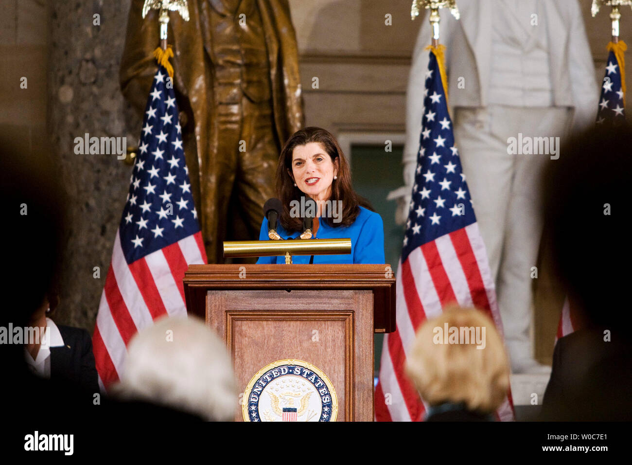 Luci Baines Johnson, daughter of President Lyndon B. Johnson, delivers remarks at a lunch-in ceremony to mark President Johnson's 100th birthday on Capitol Hill in Washington on May 21, 2008. (UPI Photo/Patrick D. McDermott) Stock Photo