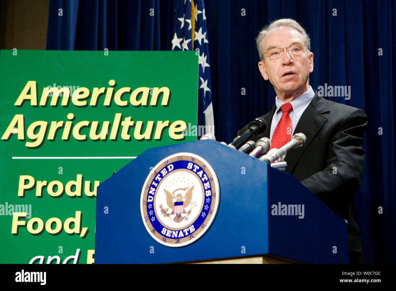 Sen. Chuck Grassley, R-IA, speaks during a news conference to dispel myths about the use of ethanol as a biofuel on Capitol Hill in Washington on May 22, 2008. (UPI Photo/Patrick D. McDermott) Stock Photo
