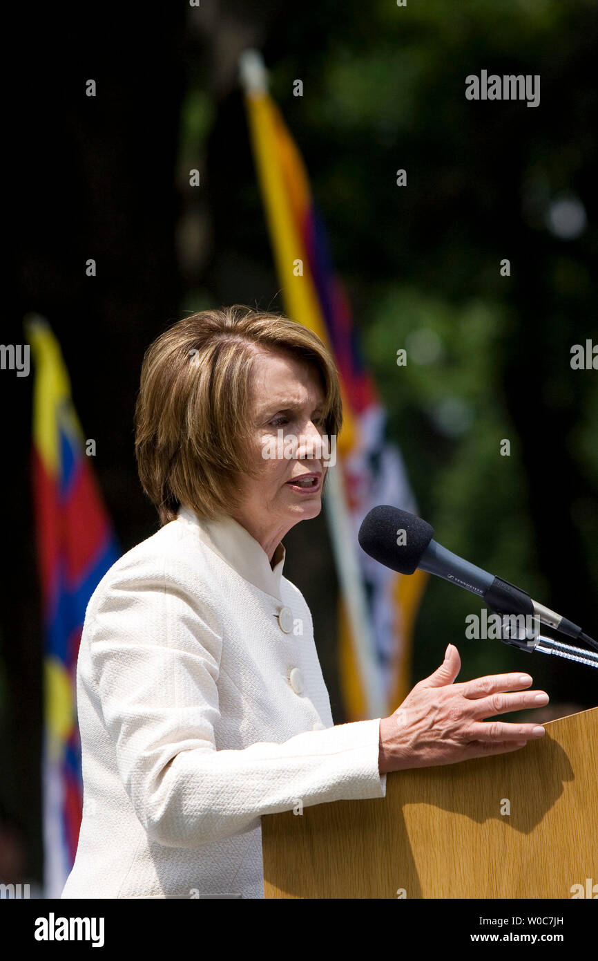 Speaker of the House Nancy Pelosi, D-CA, speaks during a rally marking the 19th anniversary of the Chinese government's crackdown in Tiananmen Square in Washington on June 4, 2008. The rally featured the end of Yang Jinali's GongMin Walk from Boston to Washington to call for the restoration of full human, political and civil rights for Chinese Citizens. (UPI Photo/Patrick D. McDermott) Stock Photo