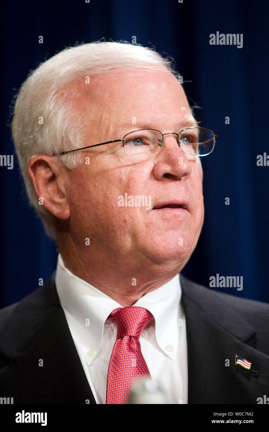 Sen. Saxby Chambliss, R-GA, speaks during a news conference on the final Phase II reports on prewar Iraq intelligence on Capitol Hill in Washington on June 5, 2008. (UPI Photo/Patrick D. McDermott) Stock Photo