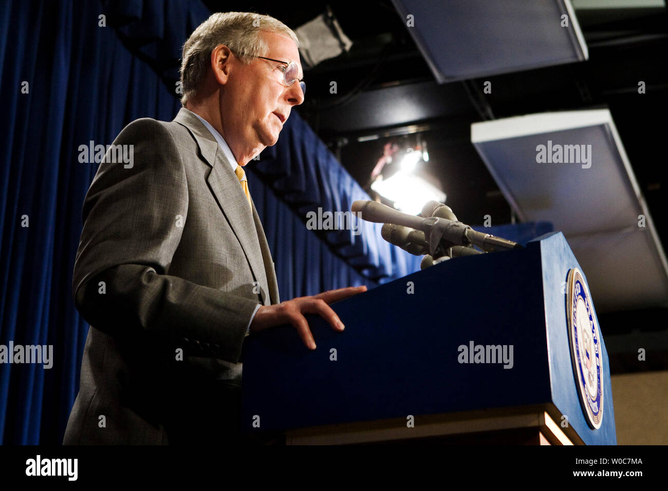 Senate Minority Leader Mitch McConnell, R-KY, speaks on the Lieberman-Warner Climate Security Act of 2008 on Capitol Hill in Washington on June 5, 2008. (UPI Photo/Patrick D. McDermott) Stock Photo