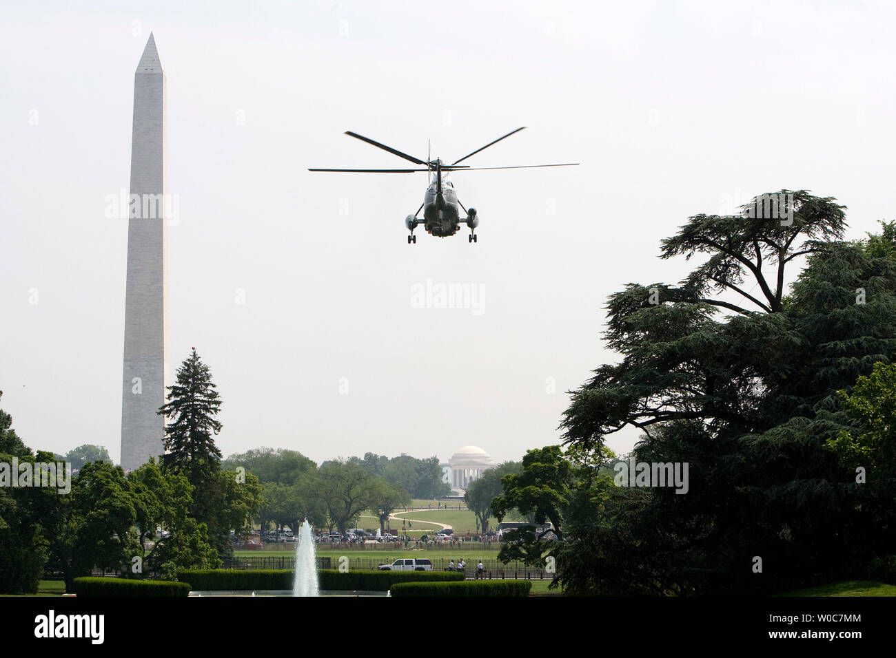 U.S. President George W. Bush, on board Marine One, departs from the South Lawn of the White House in Washington on June 6, 2008. President Bush is going to Camp David for the weekend. (UPI Photo/Patrick D. McDermott) Stock Photo