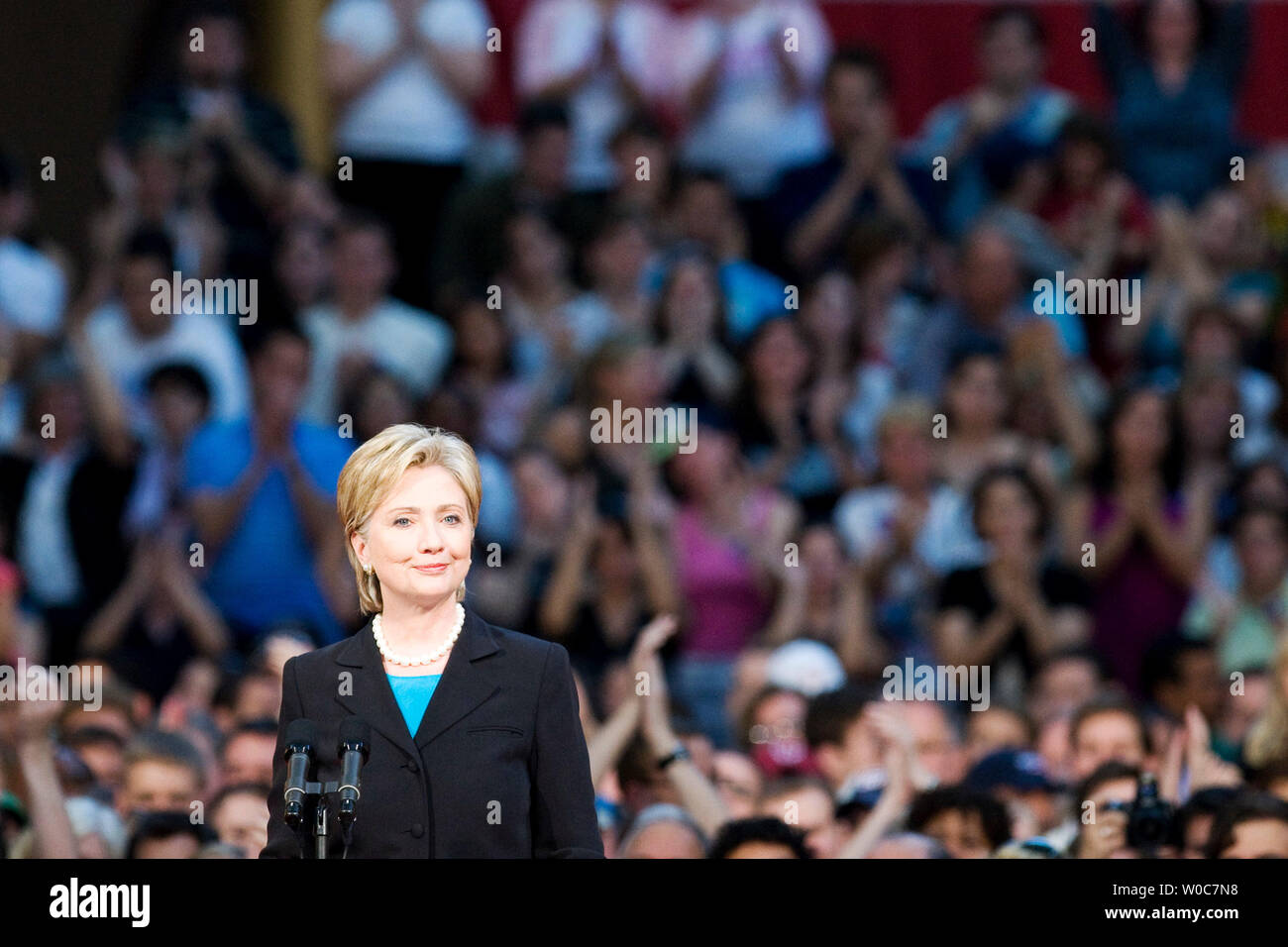 Sen. Hillary Rodham Clinton, D-NY, speaks to supporters at a campaign event at the National Building Museum in Washington on June 7, 2008. Clinton formally suspended her campaign for president and endorsed Democratic Presidential candidate Sen. Barack Obama, D-IL. (UPI Photo/Patrick D. McDermott) Stock Photo