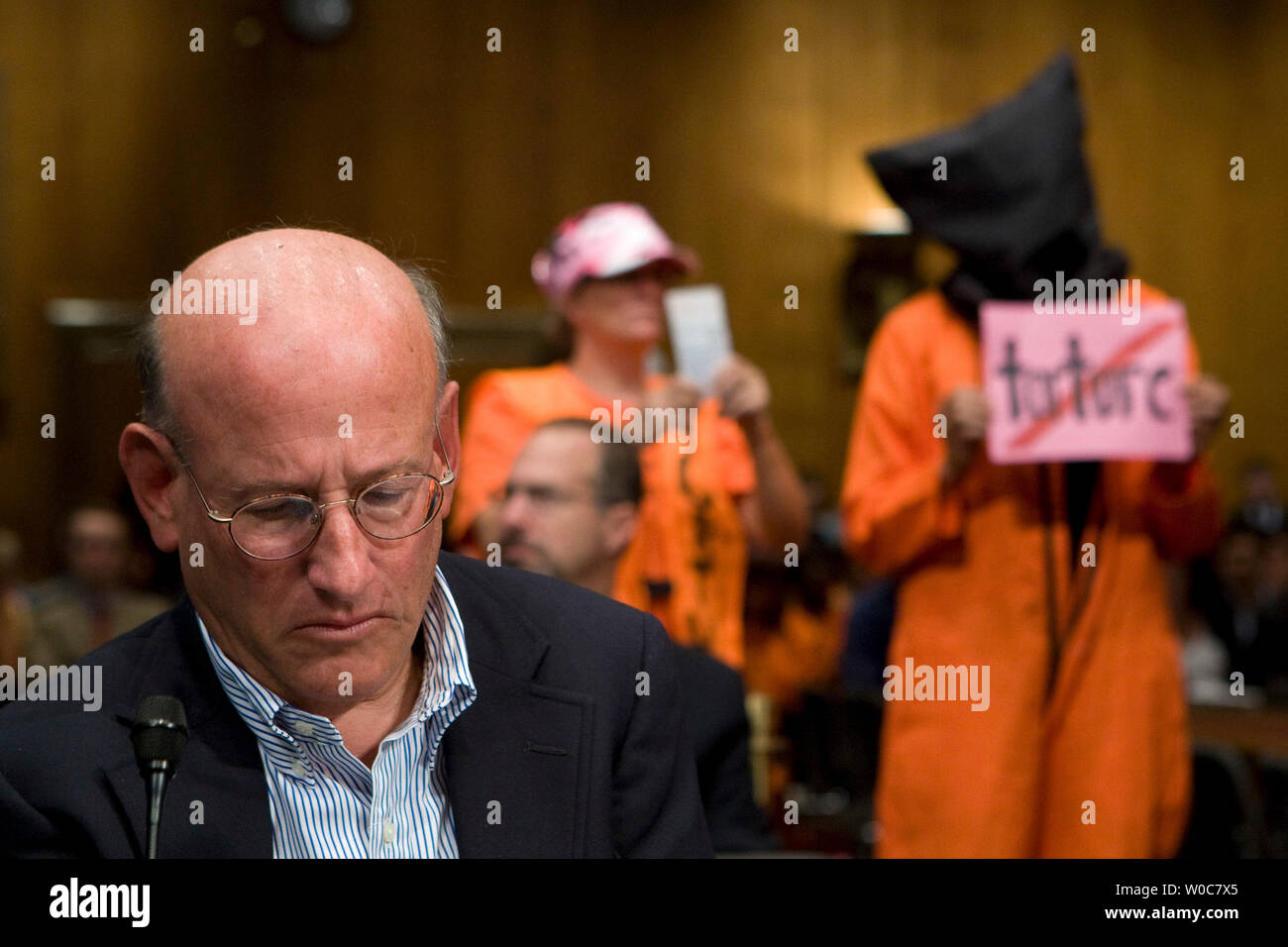 Richard Shiffrin, former deputy general counsel for intelligence at the Defense Department, prepares to testify during a Senate Armed Services Committee hearing on the origins of aggressive interrogation techniques and treatment of detainees in U.S. Custody on Capitol Hill in Washington on June 17, 2008. (UPI Photo/Patrick D. McDermott) Stock Photo