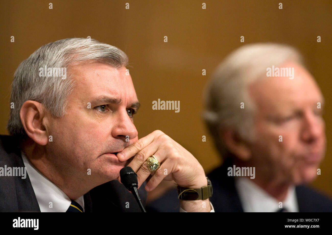 Sen. Jack Reed, D-RI, speaks during (L) a Senate Armed Services Committee hearing on the origins of aggressive interrogation techniques and treatment of detainees in U.S. Custody on Capitol Hill in Washington on June 17, 2008. (UPI Photo/Patrick D. McDermott) Stock Photo