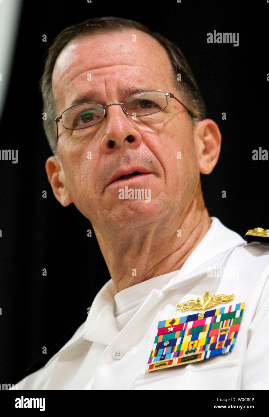 Chairman of the Joint Chiefs of Staff Admiral Michael Mullen delivers remarks at the Coalition for Homeless Veterans Conference in Washington on June 23, 2008. (UPI Photo/Patrick D. McDermott) Stock Photo